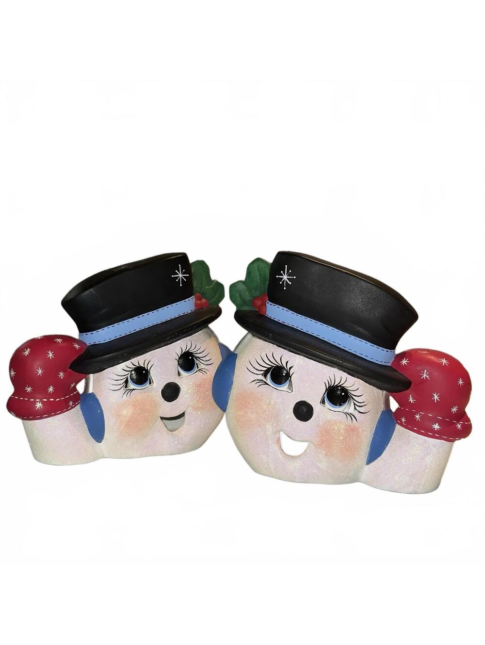 2 Handmade Ceramic Kitschy Mrs. Snowman Faces Figurines 8x7" Glitter Mittens